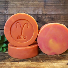Load image into Gallery viewer, Two soap bars with 'Aries' symbol on a wooden background