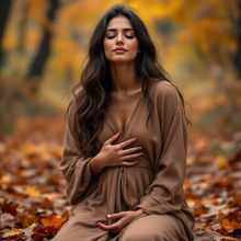 Load image into Gallery viewer, Woman in a brown dress standing in an autumn forest with blurred background