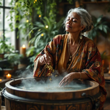 Load image into Gallery viewer, Woman in traditional attire interacting with a large steaming herbal pot in a warm, indoor setting.