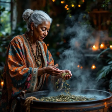 Load image into Gallery viewer, Woman in a colorful robe preparing herbs over a steaming pot in a mystical setting.