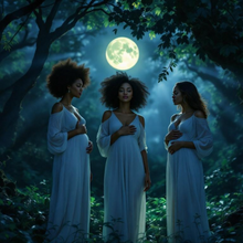Load image into Gallery viewer, Three women in white dresses standing in a forest under a full moon holding their womb.