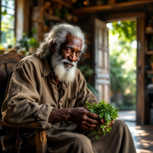 Load image into Gallery viewer, Old man sitting in a chair holding a bunch of herbs, with a blurred outdoor background