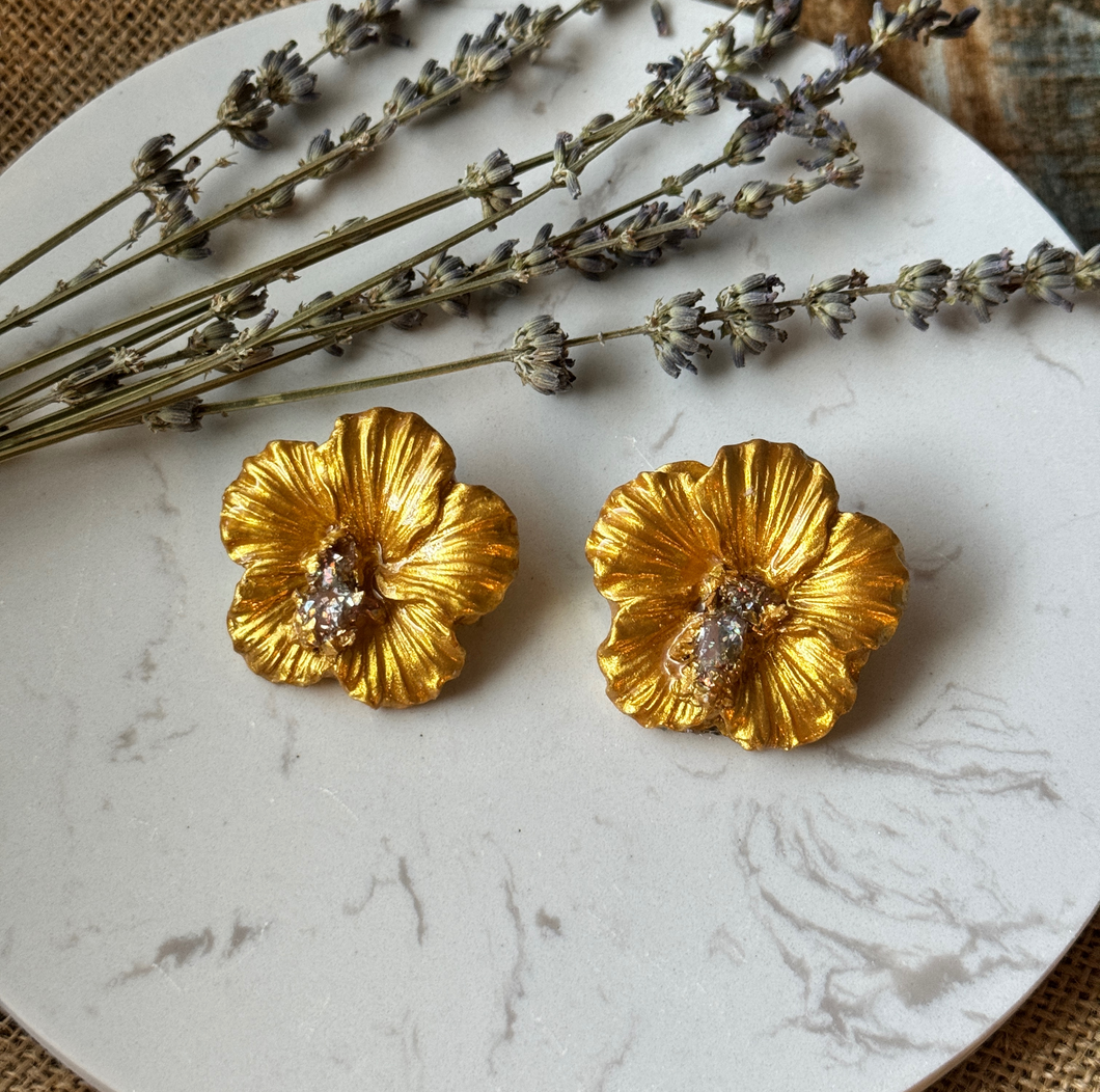 Ayiti (Ay-i-ti) Druzy Gold Hibiscus Earrings