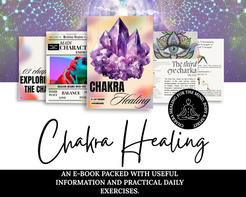 Cover image of a chakra healing eBook from Rue & Dagger, featuring holistic education on herbal remedies, chakra alignment, and spiritual wellness