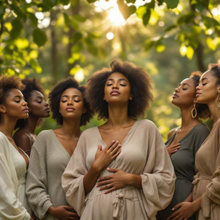 Load image into Gallery viewer, Group of women standing in a forest with their eyes closed holding their pregnant bellies surrounded by greenery.
