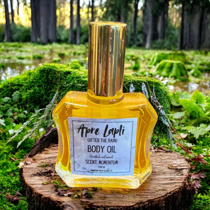 Momentum body oil for men with a bold, energizing woodsy scent