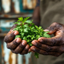 Load image into Gallery viewer, Hands holding a bunch of fresh green herbs with a blurred background
