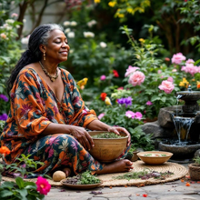 Load image into Gallery viewer, Woman sitting in a garden with flowers and a fountain, holding a bowl.

