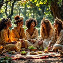 Load image into Gallery viewer, Five women in elegant robes sitting outdoors on a rug with plants and cups.
