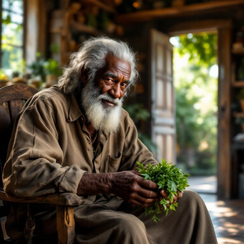 Old man sitting in a chair holding a bunch of herbs, with a blurred outdoor background