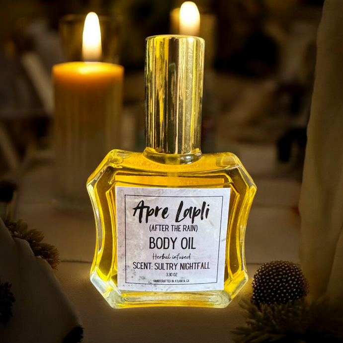 Sensual body oil for nighttime hydration with soft, seductive scent