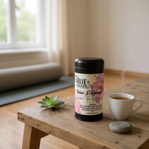 Tub of Rue & Dagger tea on a wooden table with a cup of coffee and succulent plant.