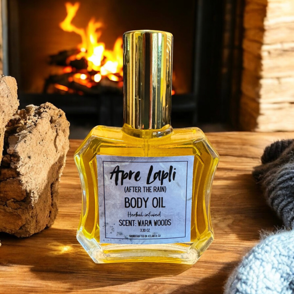 Warm Woods body oil with earthy cedarwood, sandalwood, and amber notes